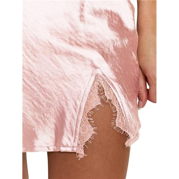 Women's Satin Lace Trim Short Skirt Baby Pink - Picture 5 of 6